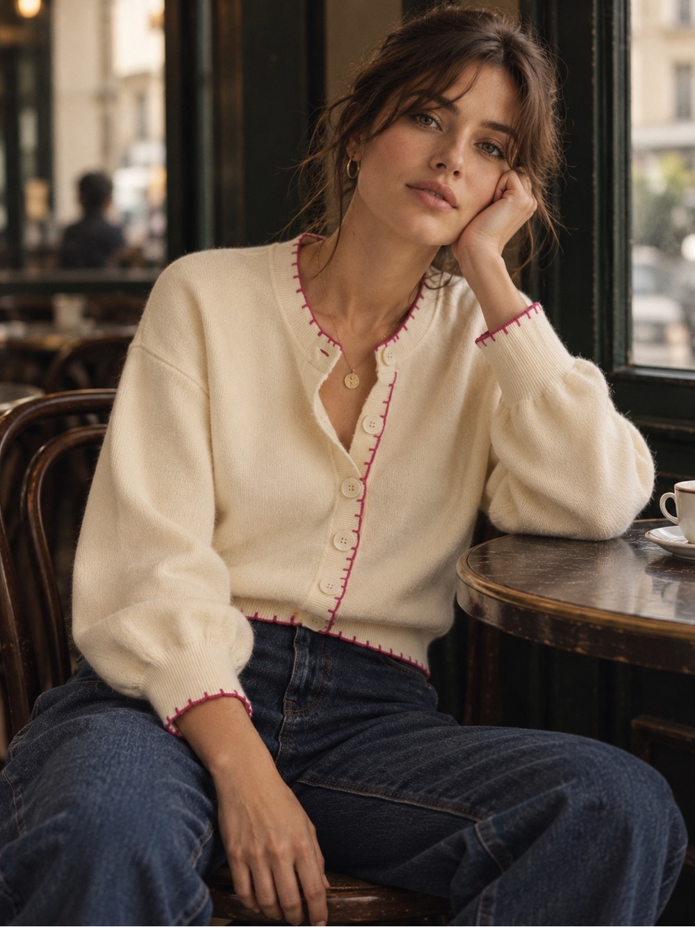 European Chic Romantic French Girl Cream Pink Stitch Cardigan,  L